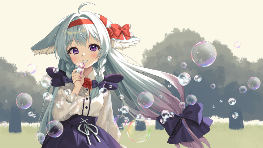 1girl ahoge animal_ear_fluff animal_ears blue_bow blush bow braid breasts bubble bubble_wand chobi_(penguin_paradise) collared_shirt copyright_request dress_shirt gradient_hair grey_hair hair_bow hair_intakes hairband hand_up highres holding long_sleeves looking_at_viewer multicolored_hair outdoors pleated_skirt puffy_long_sleeves puffy_sleeves purple_hair purple_skirt red_bow red_hairband see-through see-through_sleeves shirt skirt small_breasts smile solo tree twin_braids violet_eyes virtual_youtuber white_shirt