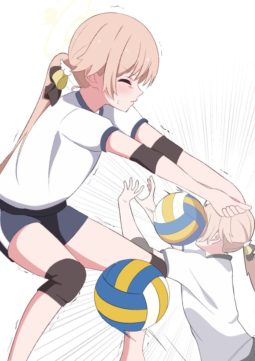 1girl blue_archive blue_shorts blush closed_eyes closed_mouth halo hifumi_(blue_archive) highres light_brown_hair long_hair multiple_views ponytail shirt shorts simple_background sweatdrop tagme volleyball white_background white_shirt yellow_halo zundamochi_(sera)