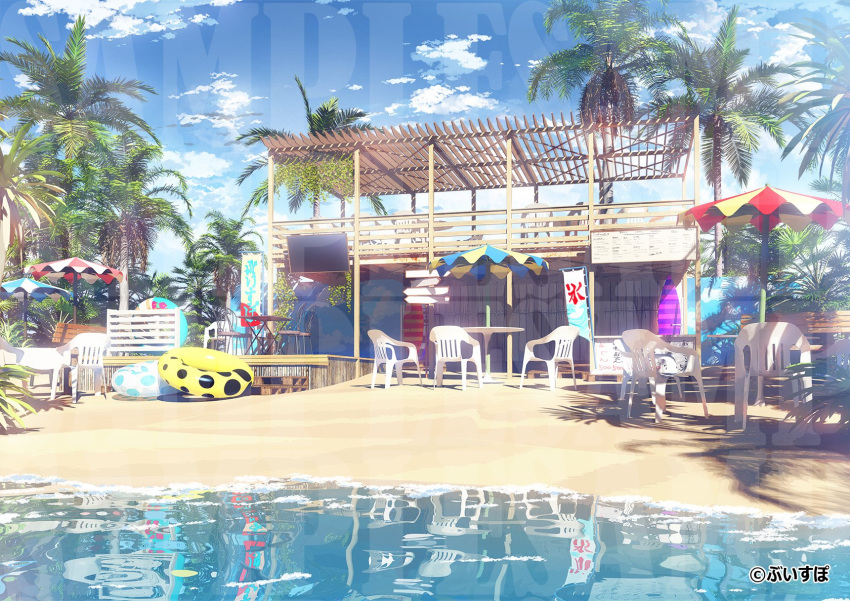 beach chair clouds highres ice innertube no_humans palm_tree parasol reflection reflective_water shallow_water stage table television tree umbrella vspo! waisshu_(sougyokyuu) water watermark