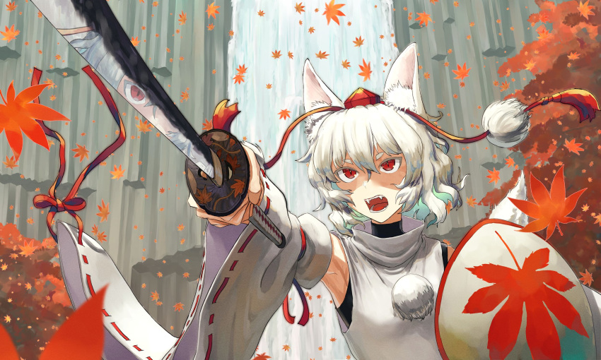 1girl angry animal_ear_fluff animal_ears arm_ribbon colored_inner_hair commentary_request detached_sleeves falling_leaves fangs hair_between_eyes hand_up harapan-kun hat highres hikimayu holding holding_shield holding_sword holding_weapon inubashiri_momiji katana leaf leaf_print looking_ahead maple_leaf maple_leaf_print multicolored_hair open_mouth outdoors pointing_sword pom_pom_(clothes) red_eyes red_headwear red_ribbon reflection ribbon ribbon-trimmed_sleeves ribbon_trim shaded_face shield shirt short_hair shouting sleeveless sleeveless_shirt slit_pupils solo sword teeth thick_eyebrows tokin_hat touhou tsuba_(guard) turtleneck unsheathed upper_body v-shaped_eyebrows water waterfall wavy_hair weapon white_hair white_shirt wide_sleeves wolf_ears