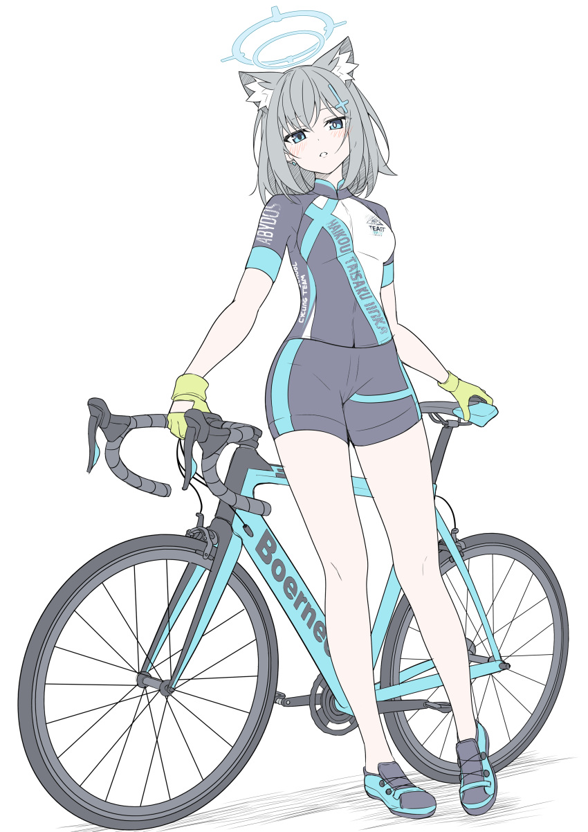 1girl absurdres animal_ear_fluff animal_ears bicycle bike_jersey black_footwear blue_archive blue_halo breasts bright_pupils cross_hair_ornament cycling_uniform full_body gloves green_gloves grey_hair hair_ornament halo highres looking_at_viewer masabodo medium_breasts mismatched_pupils official_alternate_costume shiroko_(blue_archive) shiroko_(cycling)_(blue_archive) shoes short_hair simple_background solo standing thighs white_background white_pupils