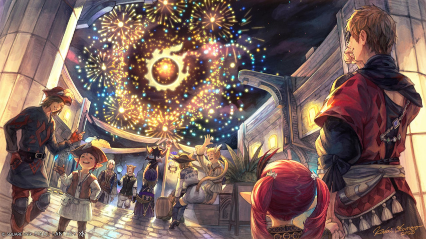 4girls 5boys aerial_fireworks artist_name barrel belt belt_pouch brown_gloves brown_hair brown_vest building celebration city copyright copyright_name earrings facing_away final_fantasy final_fantasy_xiv fingerless_gloves fireworks gloves hand_on_own_hip hand_up hat hat_feather highres hyur jacket jewelry knee_pads lalafell logo miqo'te multiple_boys multiple_girls night night_sky official_art okamoto_koudai open_mouth outdoors pants parted_lips plant pointy_ears pouch red_gloves red_headwear red_jacket red_pants redhead short_hair signature sky smile standing tassel twintails vest wandering_minstrel warrior_of_light_(ff14) window