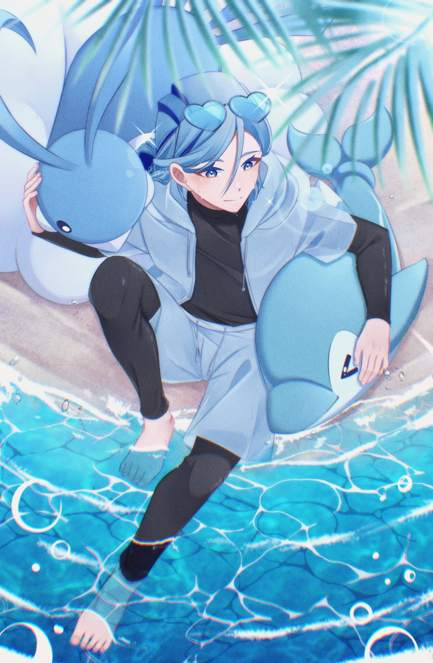 1boy altaria alternate_costume barefoot black_bodysuit blue_hair bodysuit closed_mouth commentary_request day eyelashes finizen from_above grey_jacket grey_shorts grusha_(pokemon) heart heart-shaped_eyewear highres jacket male_focus mocacoffee_1001 open_clothes open_jacket outdoors pokemon pokemon_(creature) pokemon_(game) pokemon_sv sand shore shorts sitting sunglasses toes water