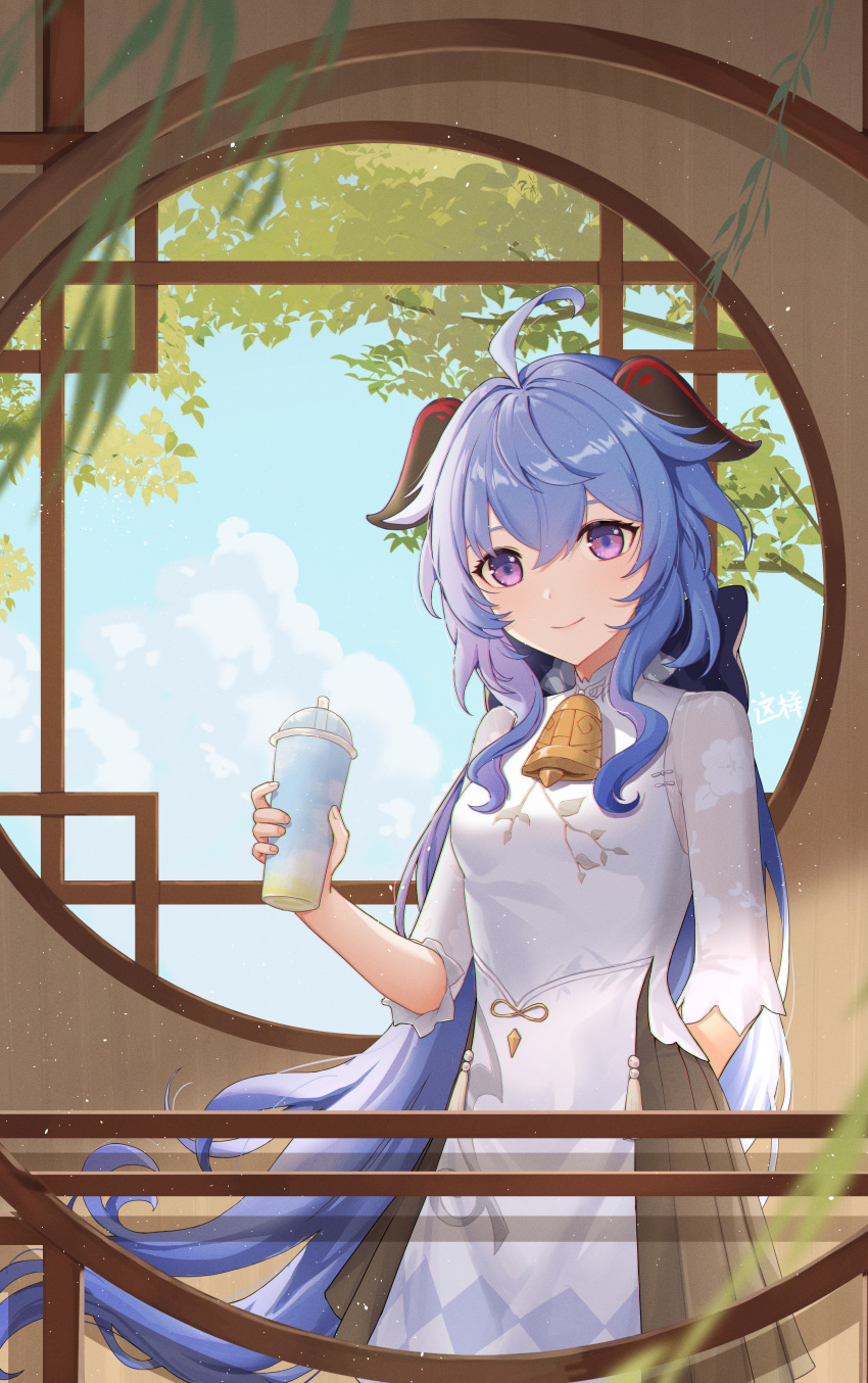 1girl absurdres architecture bell black_skirt blue_hair blue_sky chinese_architecture chinese_clothes clouds cloudy_sky commentary cup disposable_cup drinking_straw east_asian_architecture english_commentary ganyu_(genshin_impact) ganyu_(heytea)_(genshin_impact) genshin_impact goat_horns hair_between_eyes highres holding holding_cup horns indoors long_hair long_sleeves looking_at_viewer low_ponytail neck_bell official_alternate_costume pleated_skirt shirt sidelocks skirt sky solo violet_eyes white_shirt window zx961219