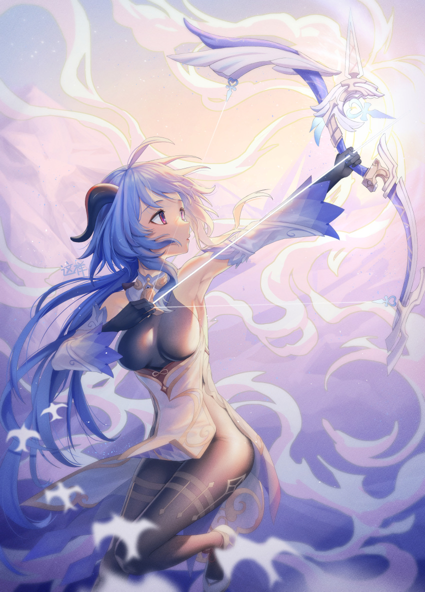 1girl absurdres aiming armpits arrow_(projectile) bell black_bodysuit black_gloves blue_hair bodysuit bow_(weapon) commentary detached_sleeves english_commentary fighting_stance ganyu_(genshin_impact) genshin_impact gloves goat_horns hair_between_eyes highres holding holding_bow_(weapon) holding_weapon horns long_hair long_sleeves looking_up low_ponytail neck_bell sidelocks solo standing standing_on_one_leg violet_eyes vision_(genshin_impact) weapon zx961219