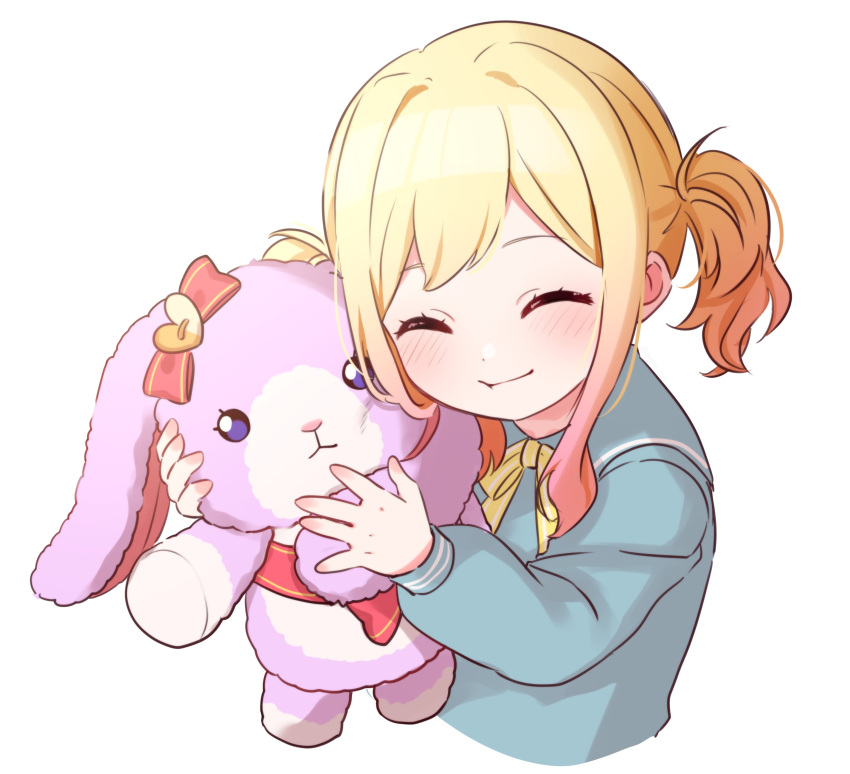 1girl absurdres aged_down blonde_hair blue_shirt blush bow bowtie child closed_eyes closed_mouth gradient_hair highres long_sleeves multicolored_hair pink_bow pink_hair project_sekai puffy_long_sleeves puffy_sleeves shirt short_hair simple_background smile solo stuffed_animal stuffed_bunny_(project_sekai) stuffed_rabbit stuffed_toy taro14_tea tenma_saki twintails upper_body white_background yellow_bow yellow_bowtie