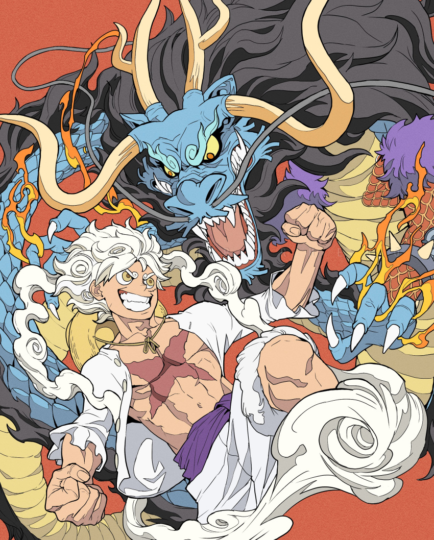 2boys absurdres armlet beard claws clenched_hands colored_sclera commission dragon dragon_horns eastern_dragon facial_hair fire gear_fifth grin highres horns kaidou_(one_piece) looking_at_another male_focus monkey_d._luffy multiple_boys multiple_horns mustache nick_superhero one_piece open_clothes open_mouth purple_sash sash scar scar_on_chest scar_on_face sharp_teeth shirt short_hair smile spiked_armlet steam teeth white_hair white_shirt yellow_eyes yellow_sclera