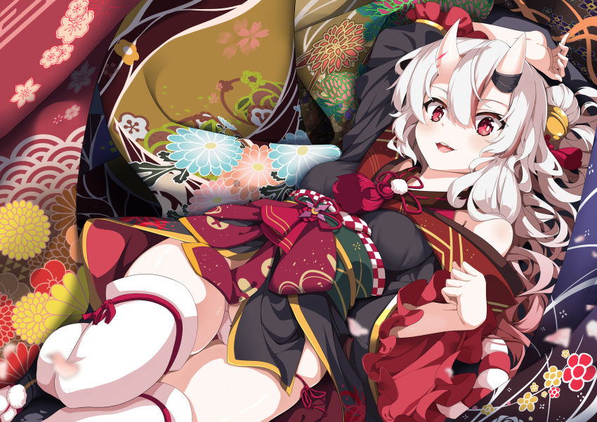 1girl absurdres bell black_kimono crescent floral_print frilled_sleeves frills gold_trim hair_bell hair_between_eyes hair_bun hair_ornament highres hololive horn_ornament horns japanese_clothes kimono long_hair lying nakiri_ayame on_back oni oni_horns open_mouth panties red_eyes red_tassel skin-covered_horns tabi tassel thigh-highs underwear virtual_youtuber white_hair white_thighhighs zelitto