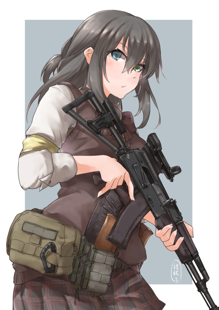 assault_rifle ayyh black_hair brown_skirt character_request closed_mouth copyright_request green_eyes gun hair_between_eyes highres holding holding_gun holding_weapon long_hair long_sleeves magazine_(weapon) military pleated_skirt rifle shirt skirt sleeves_rolled_up standing weapon white_shirt