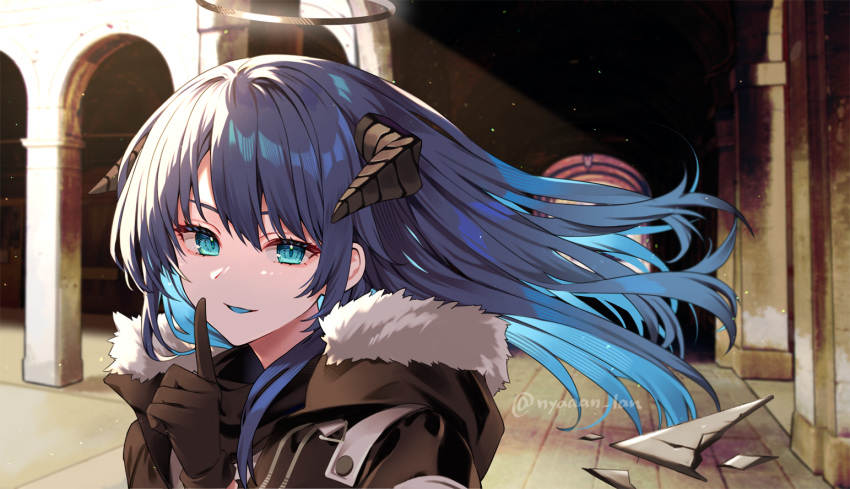 1girl arch arknights black_gloves black_jacket black_wings blue_eyes blue_hair blue_tongue colored_tongue dark_halo demon_horns detached_wings energy_wings finger_to_mouth floating_hair fur-trimmed_jacket fur_trim gloves halo hand_up horns index_finger_raised jacket looking_at_viewer mashita_(kuzsat) mostima_(arknights) outdoors portrait shushing solo wind wings