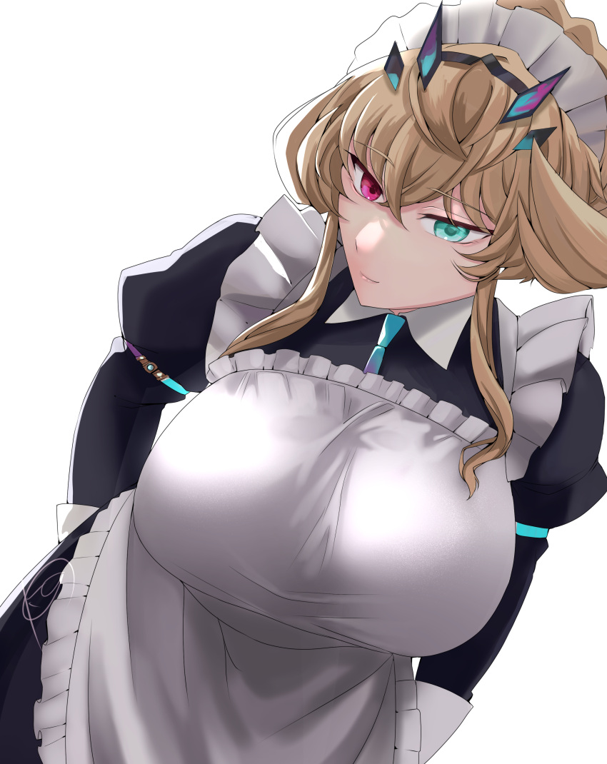 1girl absurdres alternate_costume apron barghest_(fate) black_dress blonde_hair breasts dress enmaided fate/grand_order fate_(series) frilled_apron frills green_eyes heterochromia highres huge_breasts juliet_sleeves kankitsu_kei long_hair long_sleeves looking_at_viewer maid maid_apron maid_headdress puffy_sleeves red_eyes sidelocks simple_background solo white_apron white_background