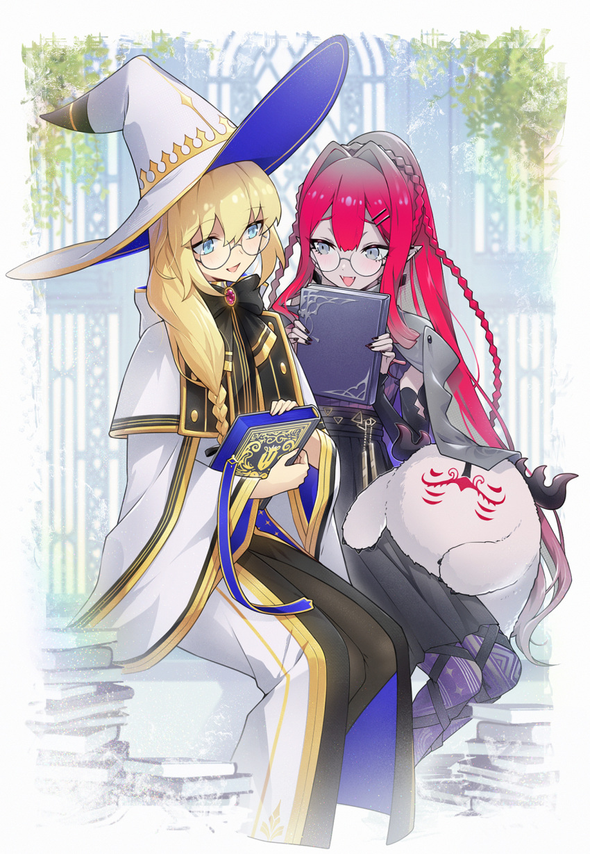 2girls baobhan_sith_(fate) baobhan_sith_(swimsuit_pretender)_(fate) black_nails black_pantyhose black_skirt blonde_hair blue_eyes book braid cernunnos_(fate) fangs fate/grand_order fate_(series) glasses grey_eyes hat highres honi_(ohohoni) long_hair multiple_girls pantyhose pile_of_books pink_hair pointy_ears robe side_braid sitting skirt tonelico_(fate) white_robe witch_hat