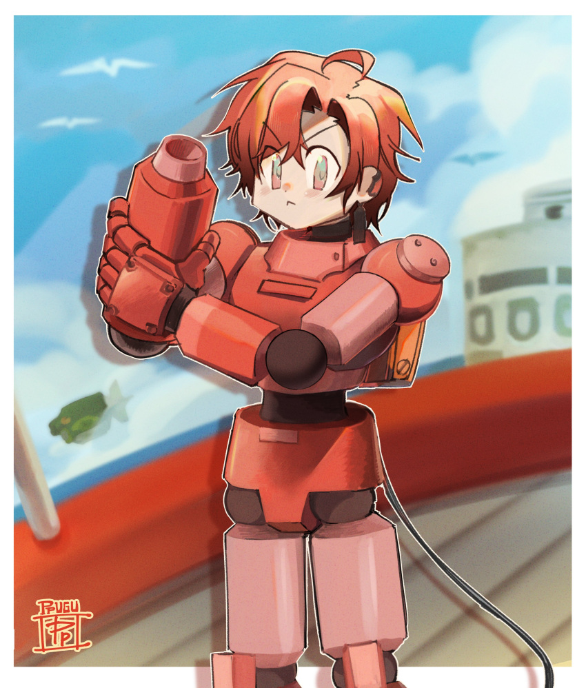 1boy absurdres arm_cannon cable cable_tail cosplay frown hand_on_own_arm highres holostars holostars_english machina_x_flayon male_focus mechanical_tail mega_man_(series) mega_man_legends mega_man_volnutt mega_man_volnutt_(cosplay) orange_eyes pktmgs red_armor redhead signature tail weapon