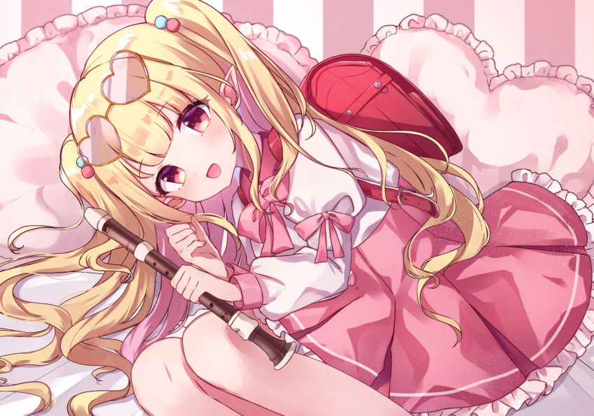 1girl backpack bag beads dress elf eyewear_on_head flute hair_beads hair_ornament heart heart-shaped_eyewear highres holding holding_instrument indie_virtual_youtuber instrument long_hair long_sleeves looking_at_viewer lying misuzu_kami moshihimechan on_side open_mouth pillow pink_dress pink_eyes pointy_ears second-party_source smile solo sunglasses twintails virtual_youtuber