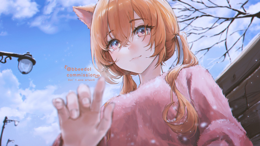1girl absurdres animal_ears artist_name bare_tree bbeedol blue_eyes blue_sky blush breasts cat_ears closed_mouth commission day from_below highres lamppost large_breasts long_hair long_sleeves looking_at_viewer looking_to_the_side original outdoors pink_sweater sky smile snowing sweater tree upper_body winter