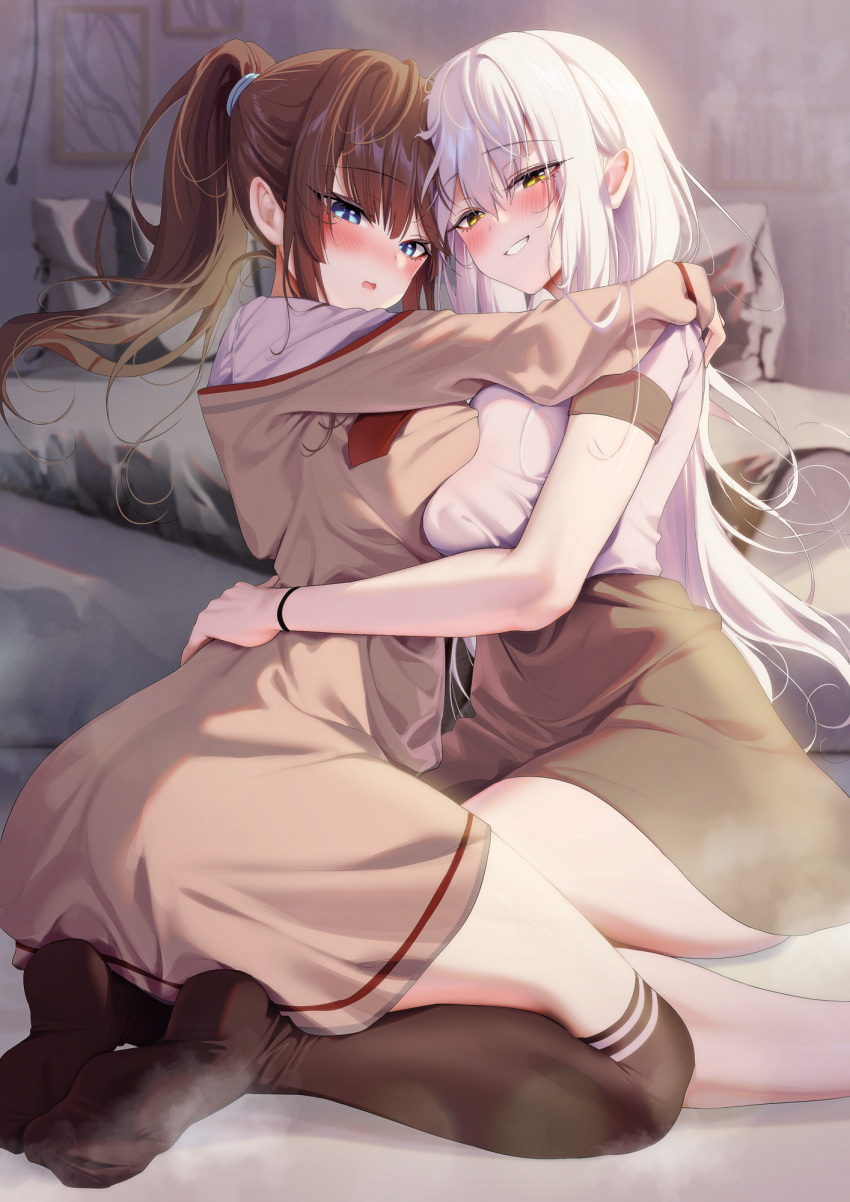 2girls alpha_(ypalpha79) blue_eyes blush breast_press breasts brown_hair highres indoors large_breasts long_hair long_sleeves looking_at_viewer multiple_girls original ponytail skirt smile symmetrical_docking thigh-highs thighs white_hair yellow_eyes