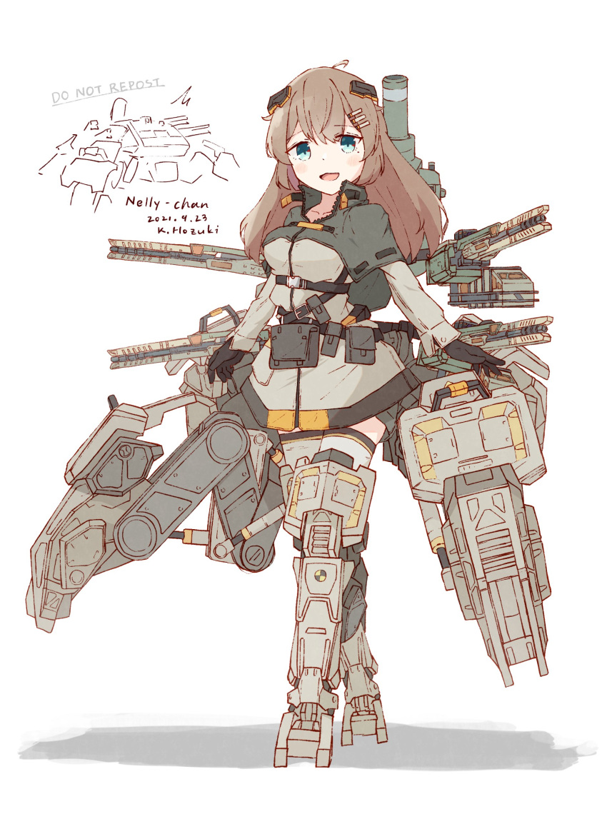 1girl :d absurdres battle_of_titans belt black_gloves blue_eyes breasts brown_hair coat gloves hair_ornament highres hozukikasumi long_hair mecha_musume mechanical_legs mechanical_parts mortar_(weapon) multiple_belts nelly_(battle_of_titans) personification railgun smile tagme thigh-highs utility_belt weapon white_background zipper