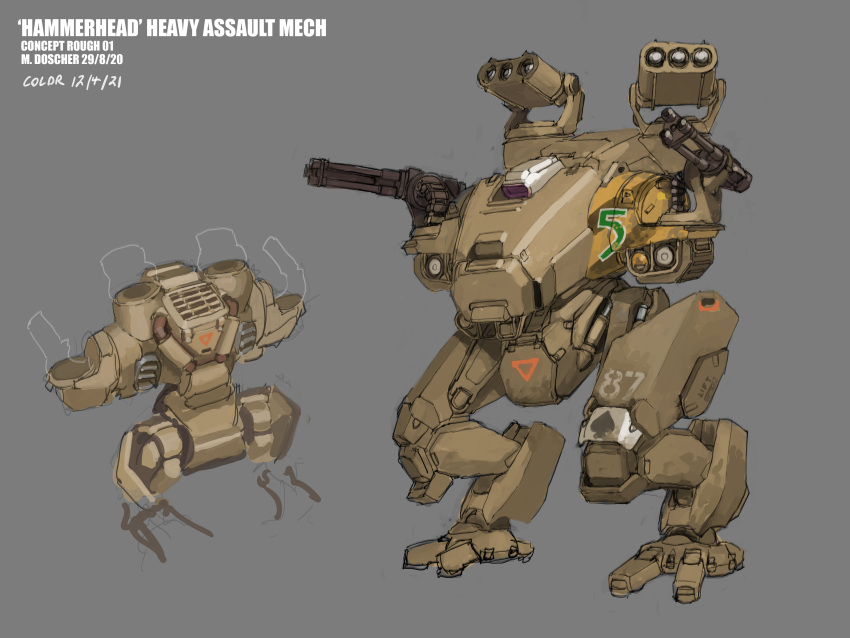 2020 2021 absurdres ace_(playing_card) ace_of_spades card concept_art dated english_commentary english_text gatling_gun gun hammerhead_heavy_assault_mech highres machinery mecha mike_doscher military missile_pod multiple_views no_humans original playing_card realistic robot science_fiction signature spade_(shape) walker weapon