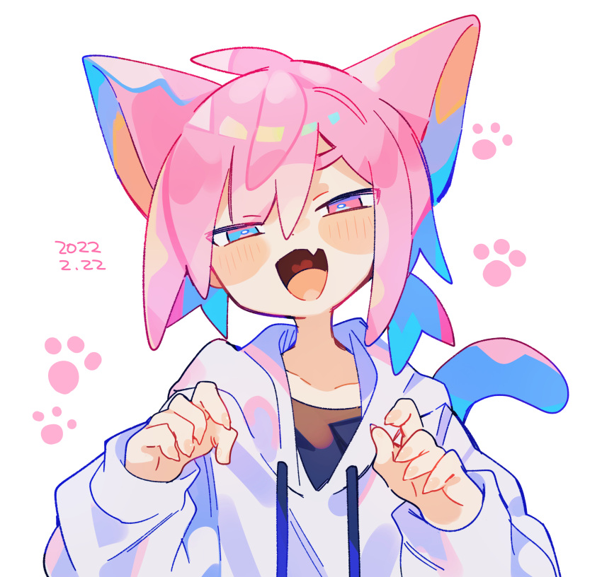 1boy :d absurdres animal_ears blue_eyes blush blush_stickers bright_pupils cat_boy cat_day cat_ears cat_tail claw_pose collarbone commentary_request cowlick dated facing_viewer fang fingernails hair_between_eyes half-closed_eyes heart heart_in_mouth heterochromia highres hood hood_down hoodie kemonomimi_mode long_sleeves looking_at_viewer male_focus open_mouth original paw_print pink_eyes pink_hair raito-kun_(uenomigi) sharp_fingernails short_hair simple_background skin_fang smile solo tail uenomigi upper_body white_background white_hoodie white_pupils