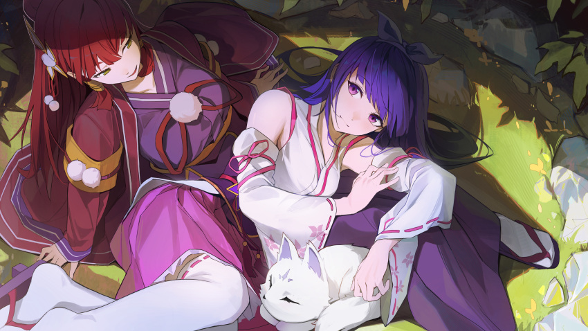 2girls absurdres arm_support ayanokouji_kanna character_request check_character detached_sleeves furizuu20 green_eyes hair_ribbon highres japanese_clothes kimono lying lying_on_another lying_on_lap maplestory medium_hair miko multiple_girls purple_hair redhead ribbon sandals sitting violet_eyes yukata