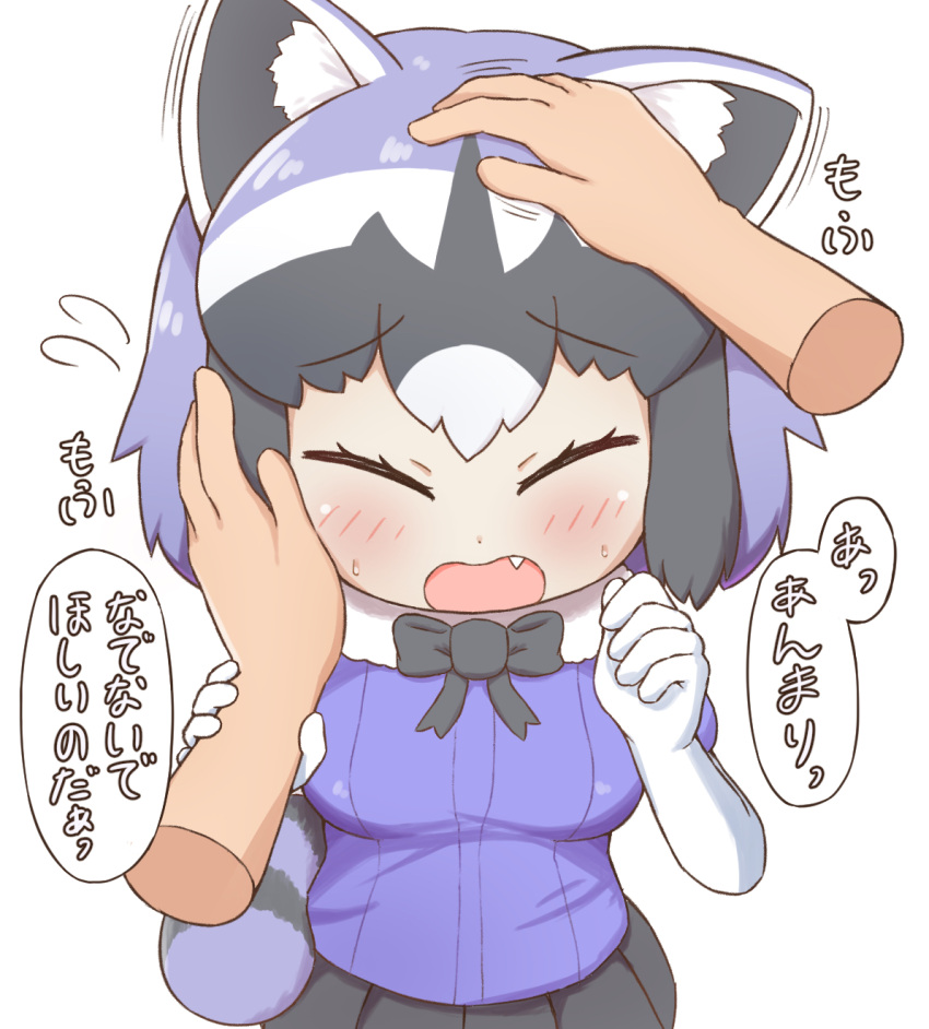 1girl 1other animal_ears blue_hair breasts closed_eyes common_raccoon_(kemono_friends) elbow_gloves fang fur_trim gloves grey_hair hand_on_another's_face headpat highres kemono_friends multicolored_hair nanachii_(nanatidayo) raccoon_ears raccoon_girl raccoon_tail simple_background small_breasts solo_focus tail translation_request white_background white_hair