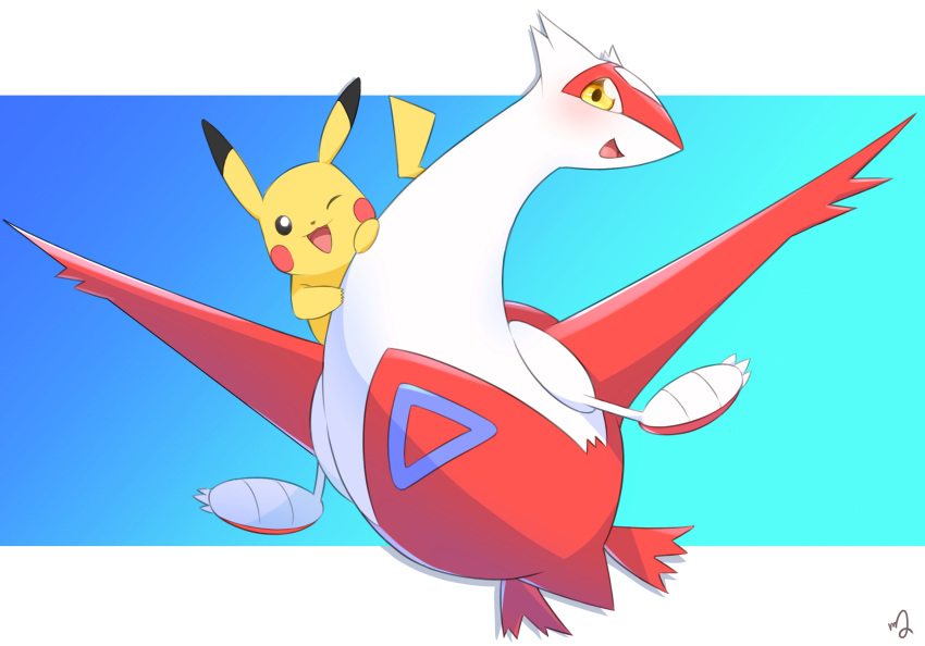 ;d black_eyes blush bright_pupils claws commentary_request highres latias masakin no_humans one_eye_closed open_mouth pikachu pokemon pokemon_(creature) smile solo white_pupils yellow_eyes