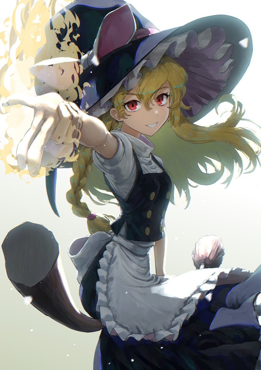 1girl apron back_bow black_headwear black_skirt black_vest blonde_hair bloom bow braid broom broom_riding buttons clenched_teeth frilled_apron frills hair_between_eyes hand_up harapan-kun hat hat_bow highres kirisame_marisa long_hair looking_at_viewer open_mouth outstretched_arm pink_bow puffy_short_sleeves puffy_sleeves red_eyes shirt short_sleeves single_braid skirt smile solo teeth touhou turtleneck unfinished_dream_of_all_living_ghost vest waist_apron white_apron white_bow white_shirt witch_hat