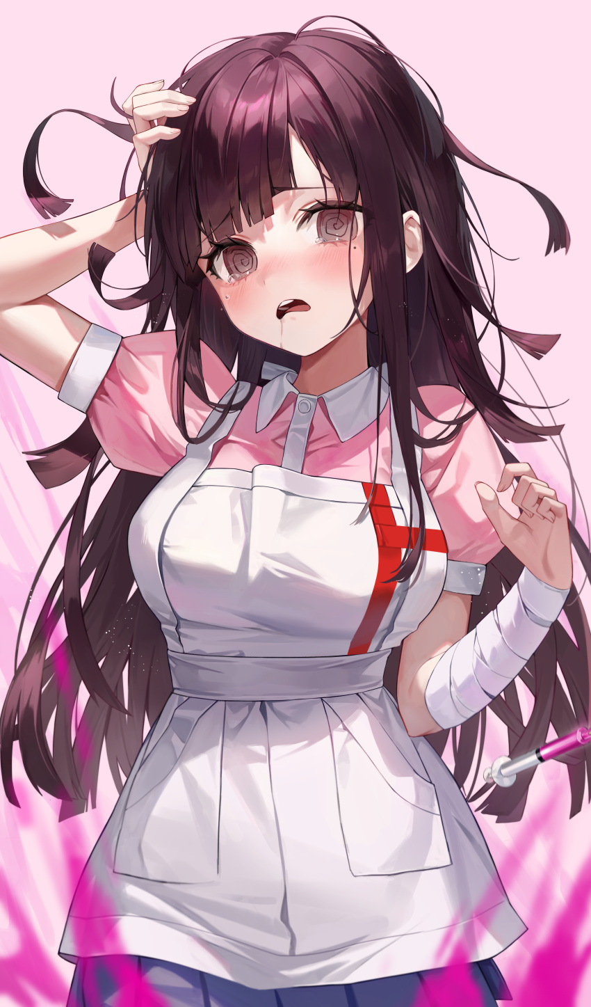 1girl @_@ absurdres apron bandaged_arm bandages black_hair blush breasts collared_shirt danganronpa_(series) danganronpa_2:_goodbye_despair hand_on_own_head highres knowa large_breasts long_hair looking_at_viewer miniskirt mole mole_under_eye open_mouth pink_shirt puffy_short_sleeves puffy_sleeves saliva shirt short_sleeves skirt solo teeth tsumiki_mikan two-tone_shirt upper_teeth_only white_apron