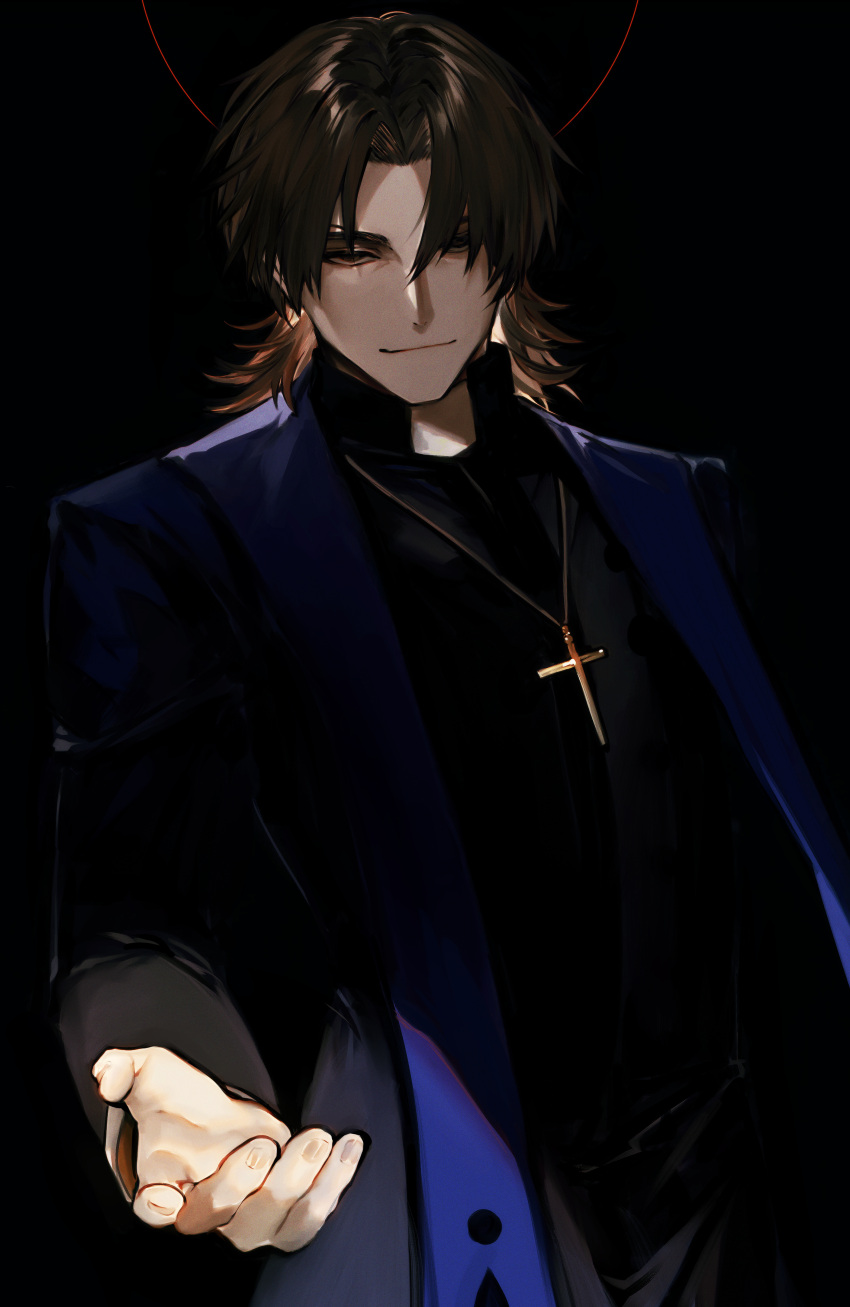 1boy absurdres albino_(a1b1n0623) black_background black_eyes black_robe brown_hair clerical_collar cross cross_necklace fate/grand_order fate_(series) highres jewelry kotomine_kirei male_focus necklace priest rasputin_(fate) reaching reaching_towards_viewer robe scarf smile stole