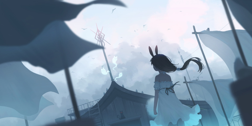 1girl absurdres animal_ears bird brown_hair building cat clouds cloudy_sky dress ghost highres low_ponytail off-shoulder_dress off_shoulder original outdoors overcast rabbit_ears rabbit_girl scenery sky solo white_dress wind yao_ren_gui