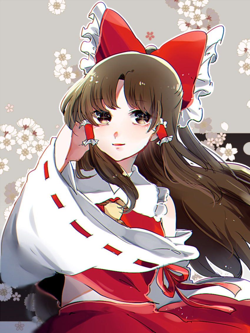 1girl ascot bare_shoulders blush bow brown_eyes brown_hair chin collar collared_vest commentary_request detached_sleeves floral_background frilled_bow frilled_collar frilled_hair_tubes frills grey_background hair_bow hair_down hair_tubes hakurei_reimu hand_on_own_head highres long_hair long_sleeves looking_at_viewer midriff_peek open_mouth parted_bangs red_bow red_ribbon red_skirt red_vest ribbon ribbon-trimmed_sleeves ribbon_trim shadow sidelocks skirt sleeve_ribbon smile suzune_hapinesu touhou upper_body vest white_collar white_sleeves wide_sleeves yellow_ascot