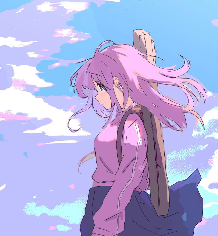 1girl blue_eyes blue_skirt blue_sky bocchi_the_rock! closed_mouth clouds day ein from_side gotoh_hitori highres instrument_case jacket long_hair long_sleeves looking_ahead outdoors pink_hair pink_jacket pleated_skirt profile skirt sky smile solo standing track_jacket