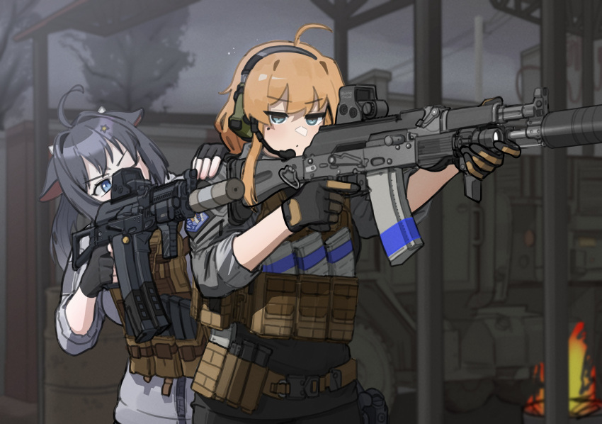 2girls absurdres ahoge aiming animal_ears assault_rifle black_hair blonde_hair blue_eyes cow_ears cow_girl cow_horns day fingerless_gloves gloves grey_eyes gugyun_(gugyun_00) gun headset highres holding holding_gun holding_weapon horns indie_virtual_youtuber long_hair long_sleeves magazine_(weapon) multiple_girls one_eye_closed outdoors pants rifle shirt sidelocks sleeves_rolled_up walking weapon whiskey_project wishy_(vtuber)