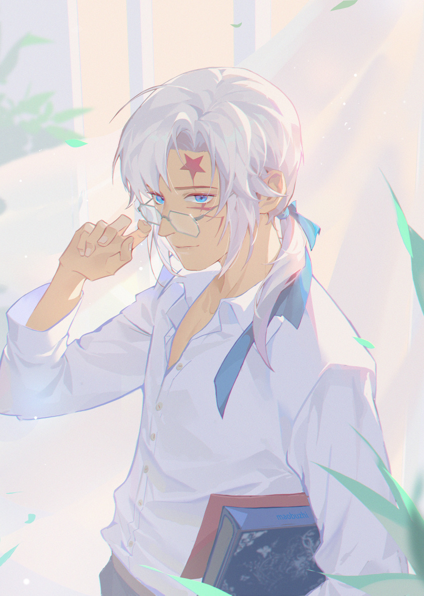 1boy absurdres adjusting_eyewear allen_walker blue_eyes blue_ribbon book closed_mouth curtains d.gray-man dress_shirt facial_mark falling_leaves fxmao- glasses hair_between_eyes hair_ribbon highres holding holding_book indoors leaf light_smile long_sleeves looking_at_viewer male_focus medium_hair partially_unbuttoned ponytail ribbon shirt shirt_tucked_in smile solo upper_body white_hair white_shirt