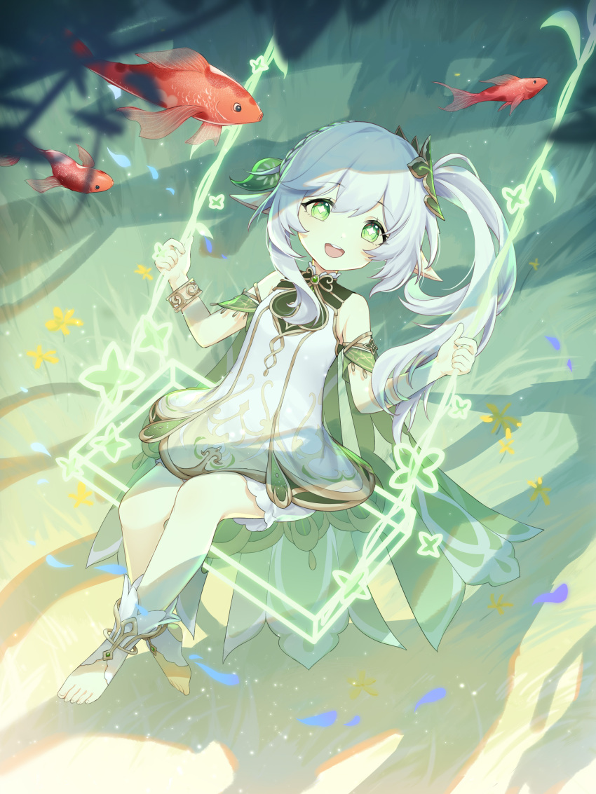 1girl :d a_(genshin_impact) absurdres blurry braid cape commentary_request crown_braid depth_of_field detached_sleeves dress fish genshin_impact gradient_hair green_cape green_eyes hair_between_eyes hair_ornament highres holding leaf_hair_ornament long_hair looking_at_viewer multicolored_hair nahid outdoors short_dress short_sleeves side_ponytail sidelocks single_braid sitting smile solo stirrup_legwear streaked_hair swing symbol-shaped_pupils toeless_legwear toes two-tone_hair white_dress white_hair zx961219
