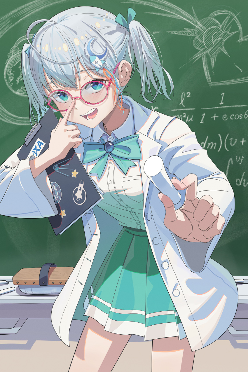 1girl absurdres adjusting_eyewear blue_eyes blue_ribbon board_eraser breast_pocket chalk chalkboard classroom clipboard coat collared_shirt glasses green_skirt highres holding holding_chalk holding_clipboard indie_virtual_youtuber indoors looking_at_viewer open_mouth pleated_skirt pocket ranari red-framed_eyewear ribbon round_eyewear shirt shirt_tucked_in short_twintails skirt smile solo teeth tongue tongue_out twintails upper_teeth_only usui_clear virtual_youtuber white_hair white_shirt