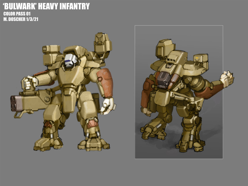 2021 bulwark_heavy_infantry cannon character_name comparison concept_art dated energy_cannon english_commentary english_text gun highres light machine_gun machinery mecha mike_doscher military missile_pod multiple_views no_humans original power_armor robot science_fiction weapon