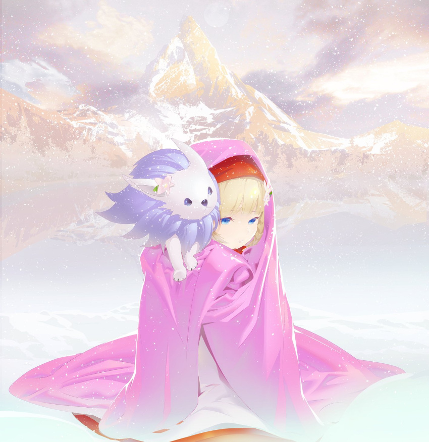1girl arc_the_lad arc_the_lad_ii blonde_hair blue_eyes braid closed_mouth clouds flower full_body hair_flower hair_ornament highres lieza_(arc_the_lad) long_hair monster mountain okosozukin paundit protected_link save_scene_a single_braid snow snowing