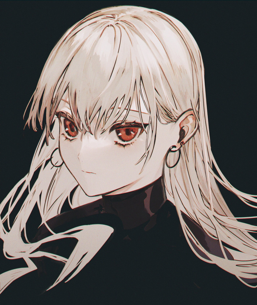 1girl albino_(a1b1n0623) black_background blending character_request check_copyright close-up copyright_request earrings expressionless fate_(series) highres hoop_earrings jewelry long_hair looking_at_viewer red_eyes simple_background solo turtleneck white_hair