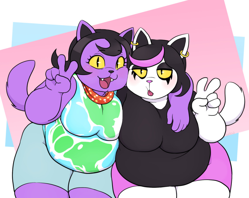 2010s 2018 2girls anthro anthro_only arm_around_shoulder arm_over_shoulder blep breasts cat cat_paws catti_(deltarune) catty_(undertale) chubby clothed deltarune domestic_cat duo earring earrings felid feline felis female_only furry furry_female furry_only open_mouth purple_body purple_fur sfw sisters slit_pupils tail tongue_out undertale v v_sign white_body white_fur yellow_sclera yellowhellion