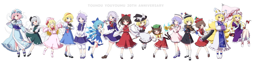 6+girls absurdres alice_margatroid animal_ears apron ascot bare_shoulders black_hairband black_headwear black_ribbon black_skirt black_vest blonde_hair blue_bow blue_dress blue_eyes blue_hair blue_headwear blue_kimono blue_vest blush book bow bow_(music) braid broom brown_eyes brown_hair capelet cat_ears chen cirno closed_eyes closed_mouth collared_shirt commentary_request detached_sleeves dress earrings elbow_gloves fairy fairy_wings folded_fan folding_fan fox_ears fox_tail frilled_apron frilled_dress frilled_kimono frills gloves gohei green_headwear green_skirt green_vest grey_hair grimoire_of_alice hair_bow hair_ribbon hair_tubes hairband hakurei_reimu hand_fan hands_in_opposite_sleeves hat hat_bow hat_ribbon highres holding holding_book holding_fan holding_gohei holding_instrument holding_knife ice ice_wings instrument izayoi_sakuya japanese_clothes jewelry keyboard_(instrument) kimono kirisame_marisa knife konpaku_youmu lapel_pin letty_whiterock light_purple_hair lily_white long_hair long_sleeves lunasa_prismriver lyrica_prismriver maid maid_headdress merlin_prismriver mob_cap multiple_girls multiple_tails nontraditional_miko one_eye_closed open_mouth outstretched_arms perfect_cherry_blossom pink_eyes pink_hair pink_headwear pink_vest purple_dress red_ascot red_bow red_dress red_eyes red_hairband red_headwear red_ribbon red_scarf red_skirt red_vest ribbon ribbon-trimmed_sleeves ribbon_trim saigyouji_yuyuko scarf shirt short_hair sidelocks simple_background single_braid single_earring skirt sleeve_garter sleeves_past_fingers sleeves_past_wrists smile spread_arms suzuno_naru tabard tail touhou triangular_headpiece trumpet twin_braids umbrella vest violet_eyes violin waist_apron white_apron white_background white_bow white_capelet white_dress white_gloves white_headwear white_shirt white_sleeves wide_sleeves wings witch_hat yakumo_ran yakumo_yukari yellow_eyes