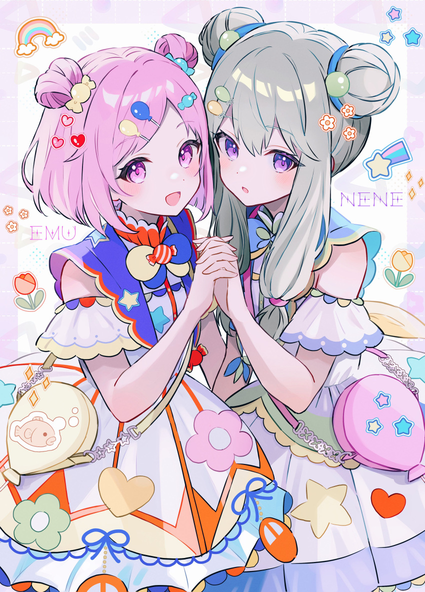 2girls absurdres balloon_hair_ornament blush candy_hair_ornament detached_sleeves double_bun dress floral_print food-themed_hair_ornament green_hair hair_bun hair_ornament heart heart_print highres holding_hands hrn_ohana kusanagi_nene long_hair low_tied_sidelocks medium_hair multiple_girls ootori_emu open_mouth parted_lips pink_eyes pink_hair project_sekai short_sleeves smile smile_of_dreamer_(project_sekai) two-tone_bowtie upper_body violet_eyes white_background white_dress