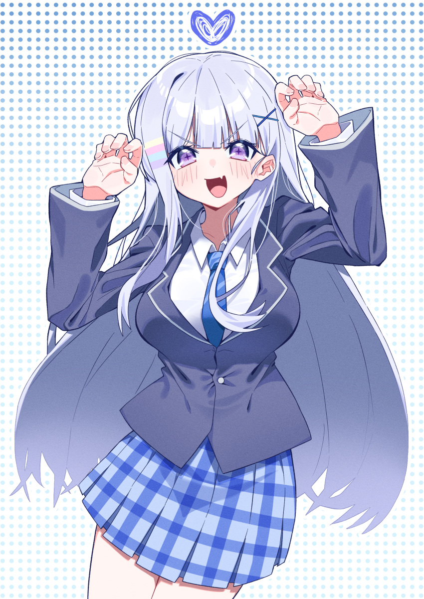 1girl :d absurdres arms_up ayatsuno_yuni blazer blue_necktie blue_skirt blush breasts character_request check_character collared_shirt commentary_request fang grey_hair grey_jacket hair_ornament heart highres jacket large_breasts long_hair long_sleeves looking_at_viewer necktie plaid plaid_skirt pleated_skirt polka_dot polka_dot_background shirt skirt smile solo stellive tosyeo v-shaped_eyebrows very_long_hair violet_eyes virtual_youtuber white_shirt x_hair_ornament