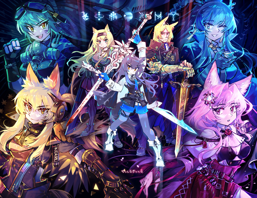 1boy 6+girls :/ :d animal_ears arknights arm_armor arm_up black_coat black_footwear black_hairband black_jacket black_pants black_vest blonde_hair blue_eyes blue_gloves blue_hair blue_necktie blue_shorts boots coat commabear dark_background dragon_horns fingerless_gloves full_body gavial_(arknights) gavial_the_invincible_(arknights) gloves goggles goggles_on_head green_hair grey_tank_top grin hairband headset highres holding holding_sword holding_weapon horn_(arknights) horns horse_ears jacket jacket_on_shoulders knee_boots ling_(arknights) long_hair making-of_available mlynar_(arknights) multiple_girls nearl_(arknights) nearl_the_radiant_knight_(arknights) necktie one_eye_closed pants parted_lips pink_eyes pink_hair planted planted_sword pozyomka_(arknights) shirt short_hair shorts smile standing sword tail tank_top texas_(arknights) texas_the_omertosa_(arknights) thigh_boots upper_body v-shaped_eyebrows vest weapon white_footwear white_shirt wolf_ears wolf_tail yellow_eyes