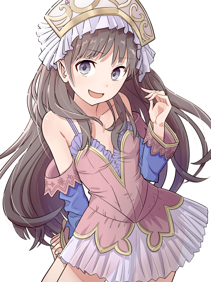 1girl atelier_(series) atelier_totori bare_shoulders blue_sleeves brown_hair detached_sleeves dress hair_ornament hat headdress highres long_hair looking_at_viewer open_mouth oxymoron_0213 see-through simple_background skirt smile solo totooria_helmold violet_eyes white_background