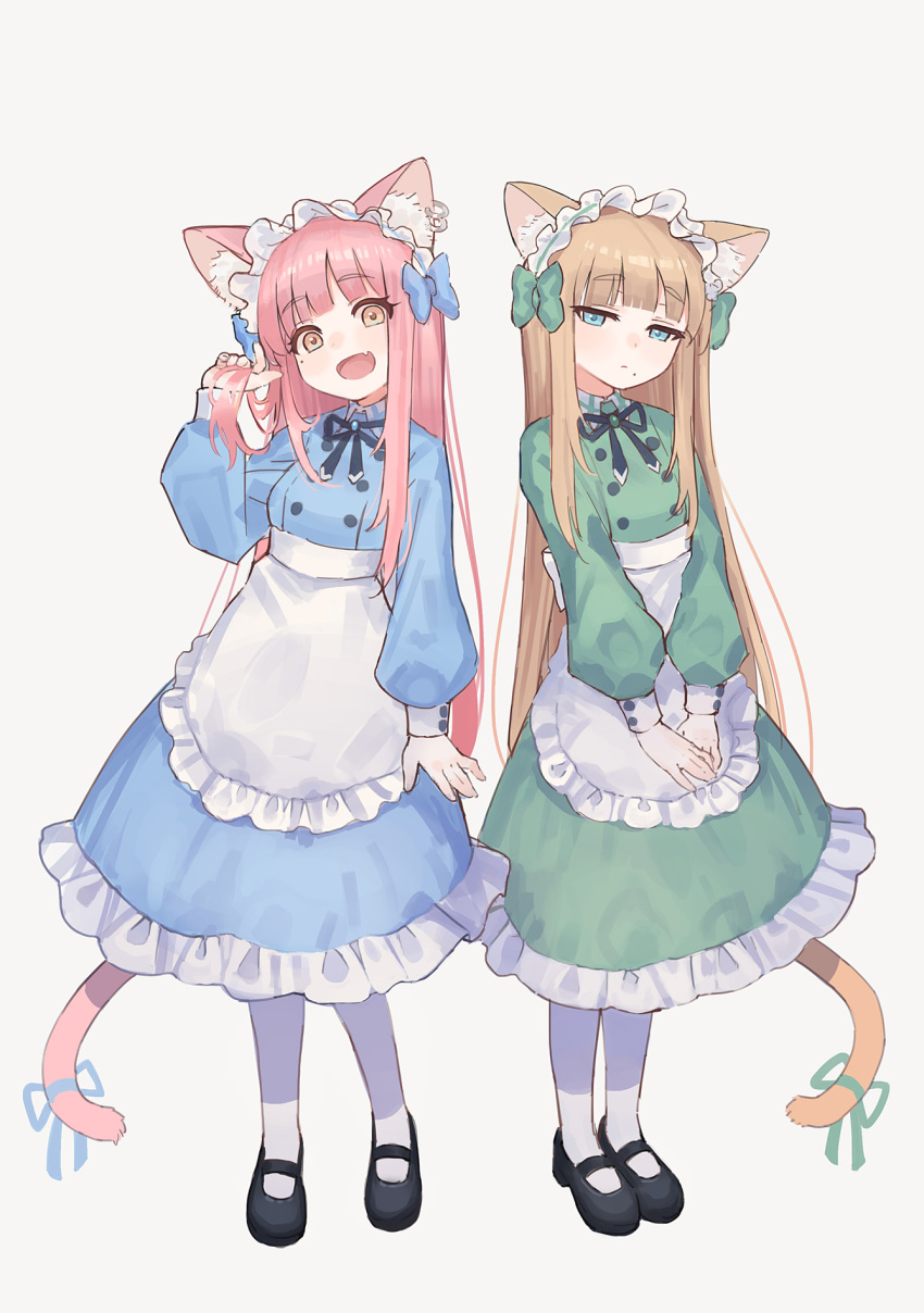2girls :d animal_ear_fluff animal_ears apron black_footwear black_ribbon blue_bow blue_dress blue_eyes blue_hairband blue_ribbon bow breasts brown_eyes brown_hair cat_ears cat_girl cat_tail closed_mouth collared_dress commentary_request dress ear_piercing fang frilled_apron frilled_dress frilled_hairband frills green_bow green_dress green_hairband green_ribbon grey_background hair_bow hairband half-closed_eyes hand_in_own_hair hand_up highres long_sleeves mole mole_under_eye mole_under_mouth multiple_girls neck_ribbon original own_hands_together pantyhose piercing pink_hair puffy_long_sleeves puffy_sleeves ribbon ryokucha_manma shoes simple_background small_breasts smile tail tail_raised thick_eyebrows white_apron white_pantyhose