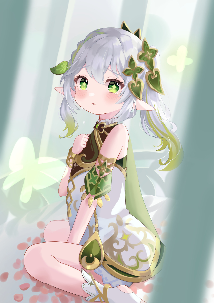 1girl absurdres bloomers blurry bracelet cape commentary_request crying crying_with_eyes_open depth_of_field detached_sleeves dress forest from_side genshin_impact gradient_hair green_cape green_eyes hair_between_eyes hair_ornament harumochi_michiru highres jewelry leaf_hair_ornament long_hair looking_at_viewer looking_to_the_side multicolored_hair nahida_(genshin_impact) nature outdoors parted_lips pointy_ears short_dress short_sleeves side_ponytail sidelocks sitting solo stirrup_legwear streaked_hair symbol-shaped_pupils tears toeless_legwear two-tone_hair underwear wariza white_bloomers white_dress white_hair