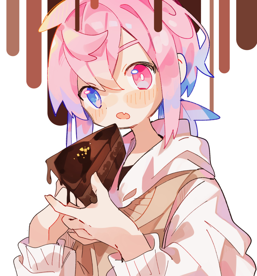 1boy :o absurdres blush blush_stickers bright_pupils brown_shirt brown_sweater_vest cake chocolate chocolate_cake commentary_request cowlick fang food heterochromia highres holding holding_cake holding_food hood hood_down hoodie layered_clothes looking_at_viewer male_focus medium_hair open_mouth original pink_eyes pink_hair raito-kun_(uenomigi) shirt sidelocks simple_background skin_fang solo sweater_vest uenomigi upper_body white_background white_hoodie white_pupils