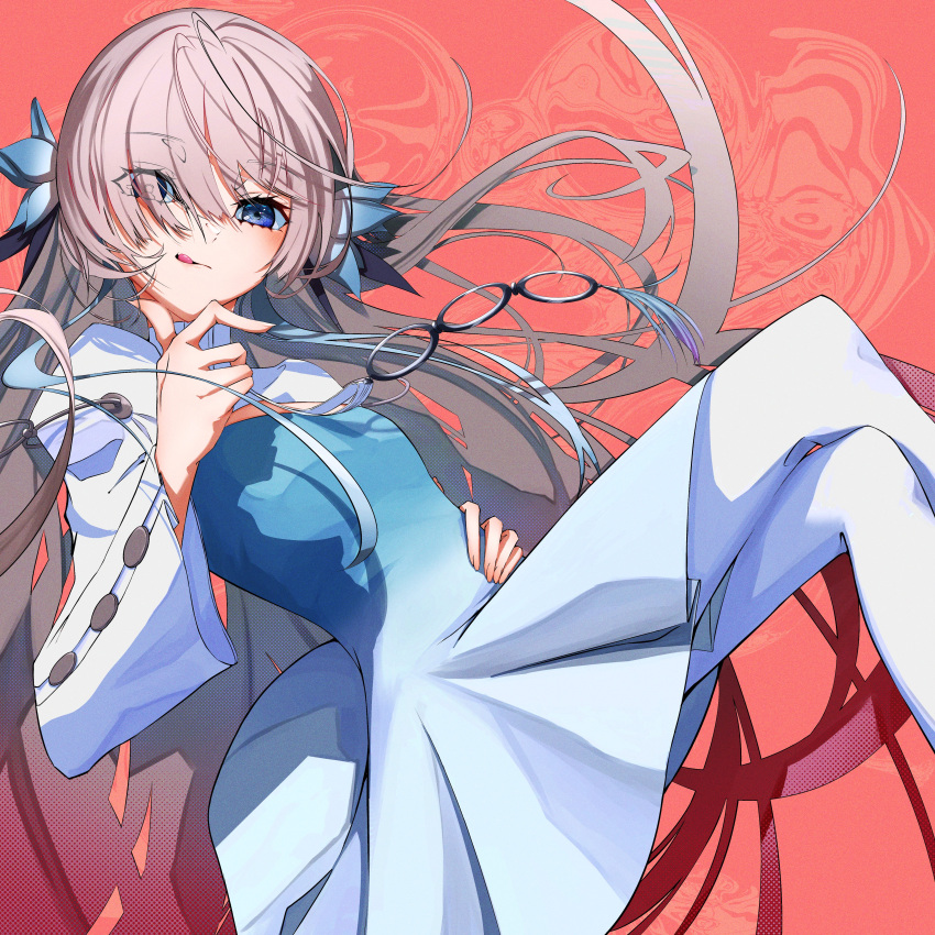 1girl :p absurdres aqui2002 blue_dress blue_eyes blue_flower blue_hair crossed_legs dress floating_hair flower gradient_dress grey_hair hair_flower hair_ornament hand_on_own_stomach highres isekai_joucho kamitsubaki_studio long_hair long_sleeves looking_at_viewer multicolored_hair pantyhose red_background smile solo tongue tongue_out two-tone_dress two-tone_hair very_long_hair virtual_youtuber white_dress white_pantyhose