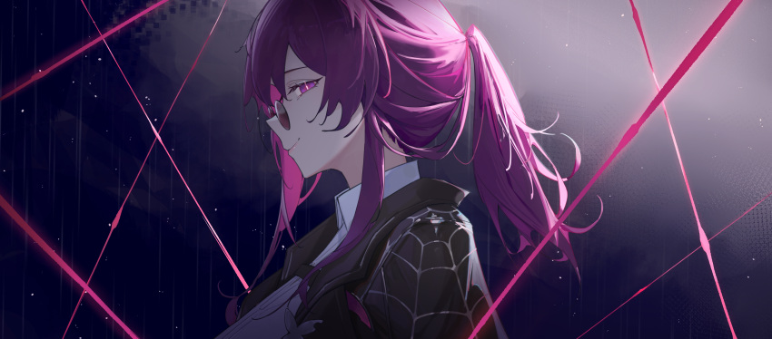 1girl absurdres black_jacket chest_harness closed_mouth collared_shirt from_side glowing glowing_eye hair_between_eyes harness highres honkai:_star_rail honkai_(series) jacket kafka_(honkai:_star_rail) looking_at_viewer ponytail purple-tinted_eyewear purple_hair round_eyewear serelith shirt sidelocks smile solo sunglasses tinted_eyewear upper_body violet_eyes white_shirt